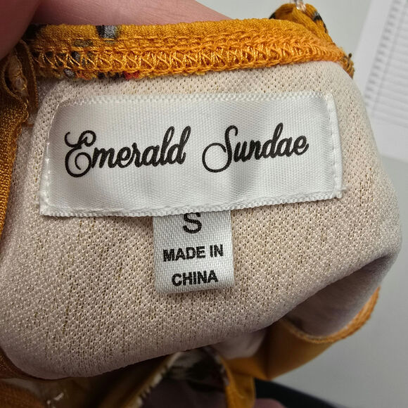 Women's Emerald Sundae Mustard Yellow Floral V-Neck Mini Dress | Size Small - Picture 7 of 9